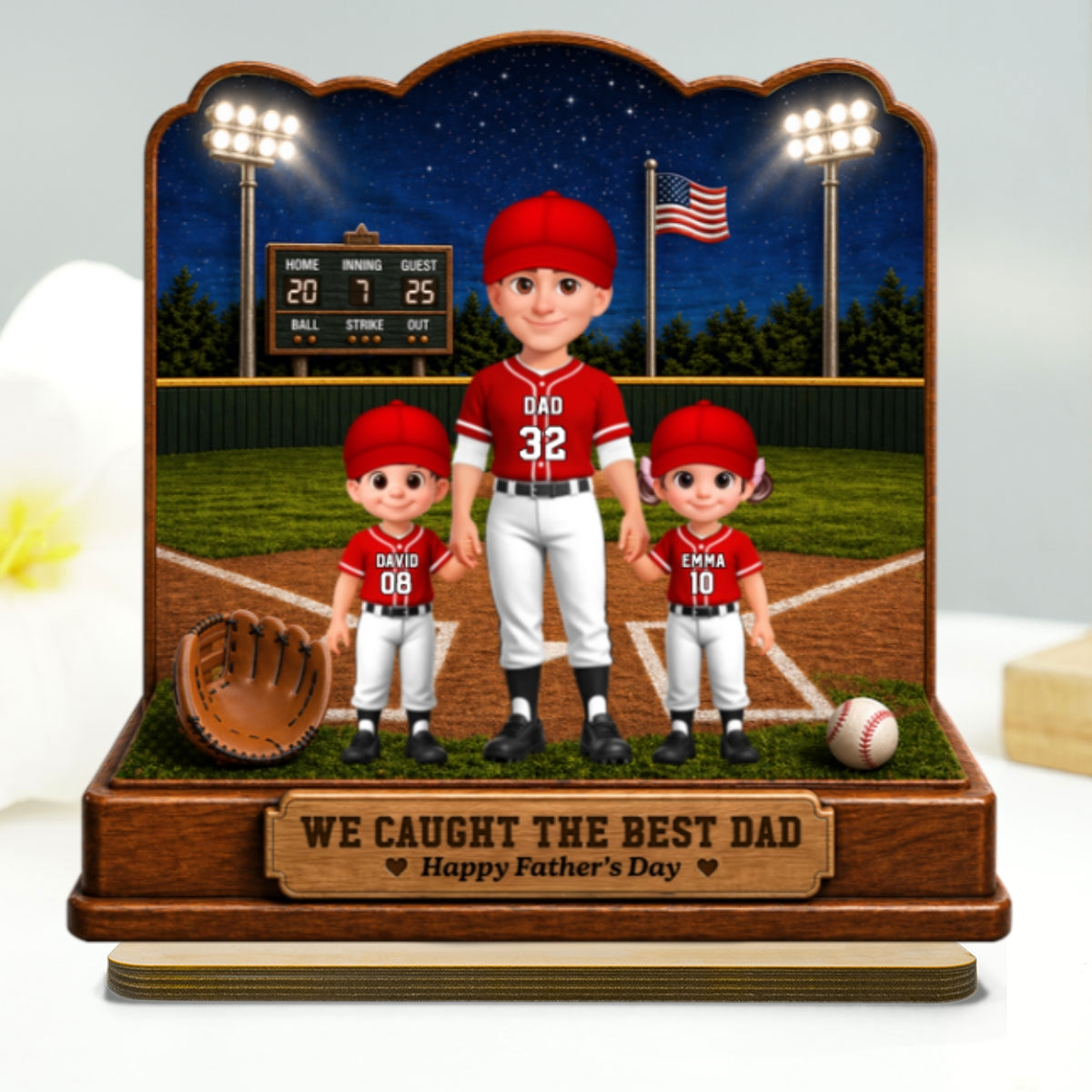 Baseball Dad And Kids Friday Night Lights We Caught The Best Dad - Personalized 2-Layered Wooden Plaque -  Gift For Dad