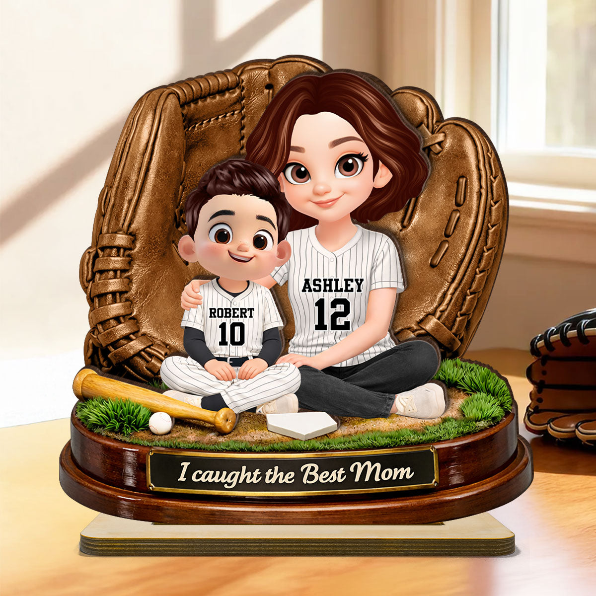 We Caught the Best Mom Baseball Softball - Personalized 2-Layered Wooden Plaque - Heartfelt Gift for Mom, Wife