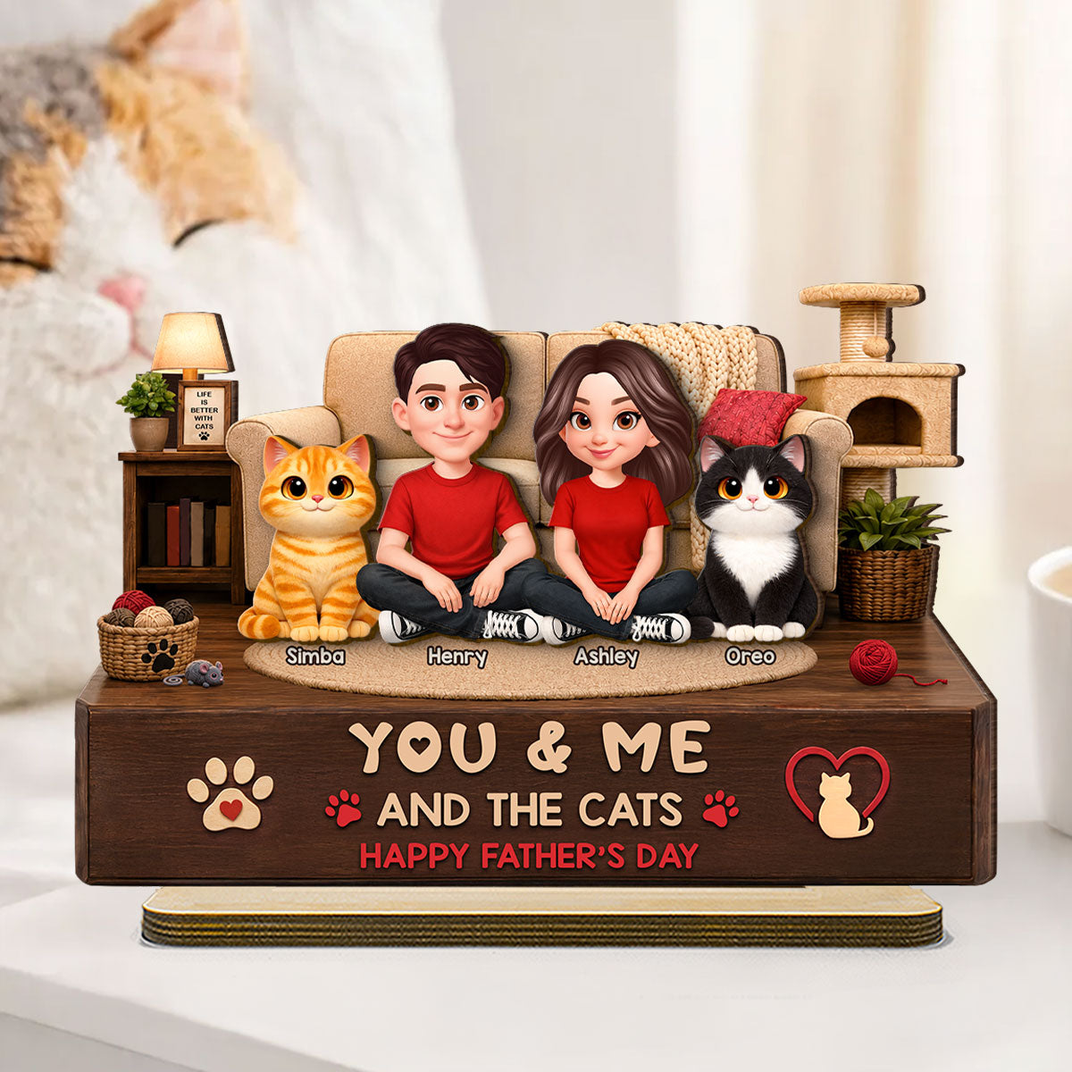 You & Me And The Cats Cozy Room 2D Flat - Personalized 2-Layered Wooden Plaque -  Gift For Cat Dad