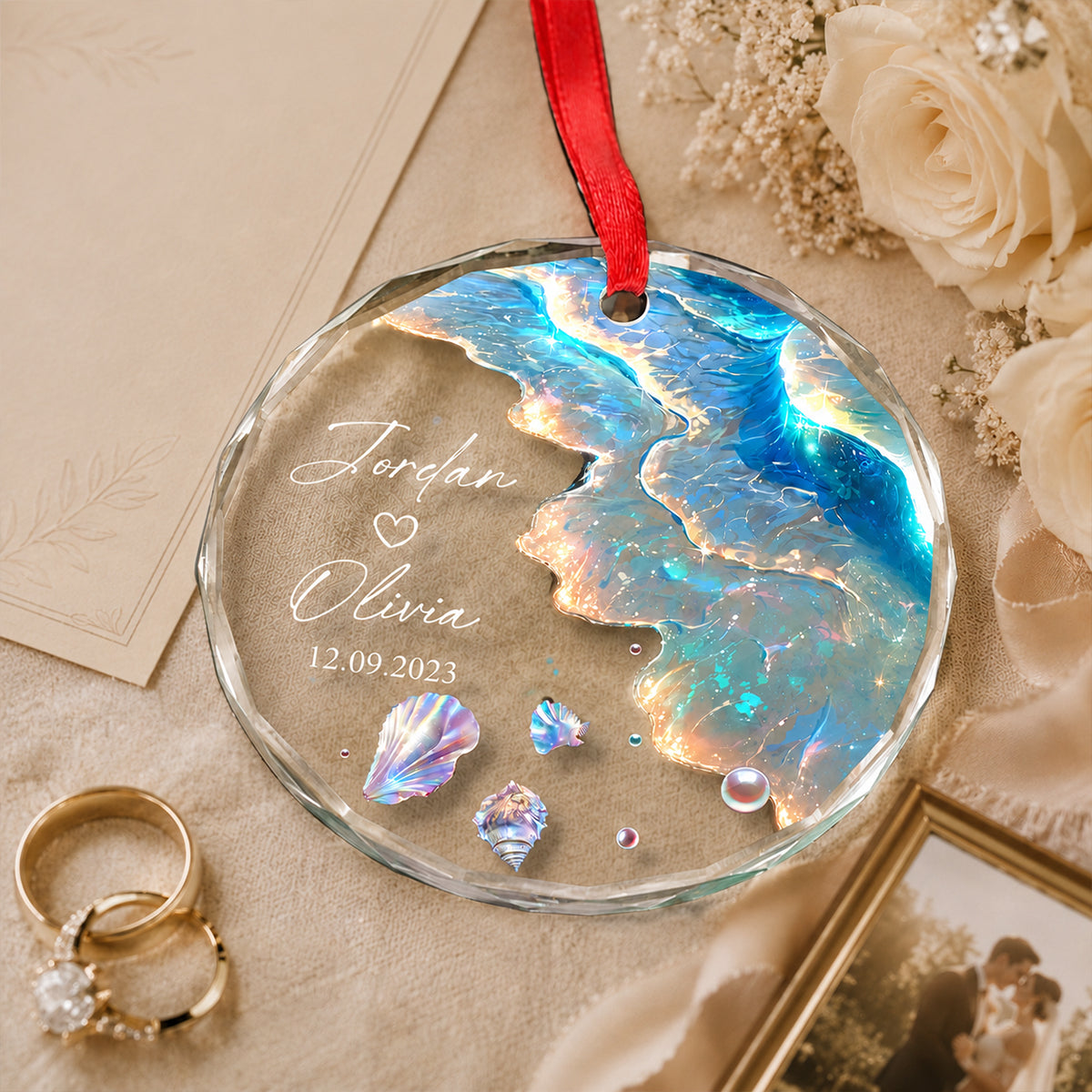 Ocean Wave Custom Engagement Wedding Gift for Couple - Personalized Glass Ornament - Mermaid Tail Keepsake, Mr & Mrs Anniversary Present