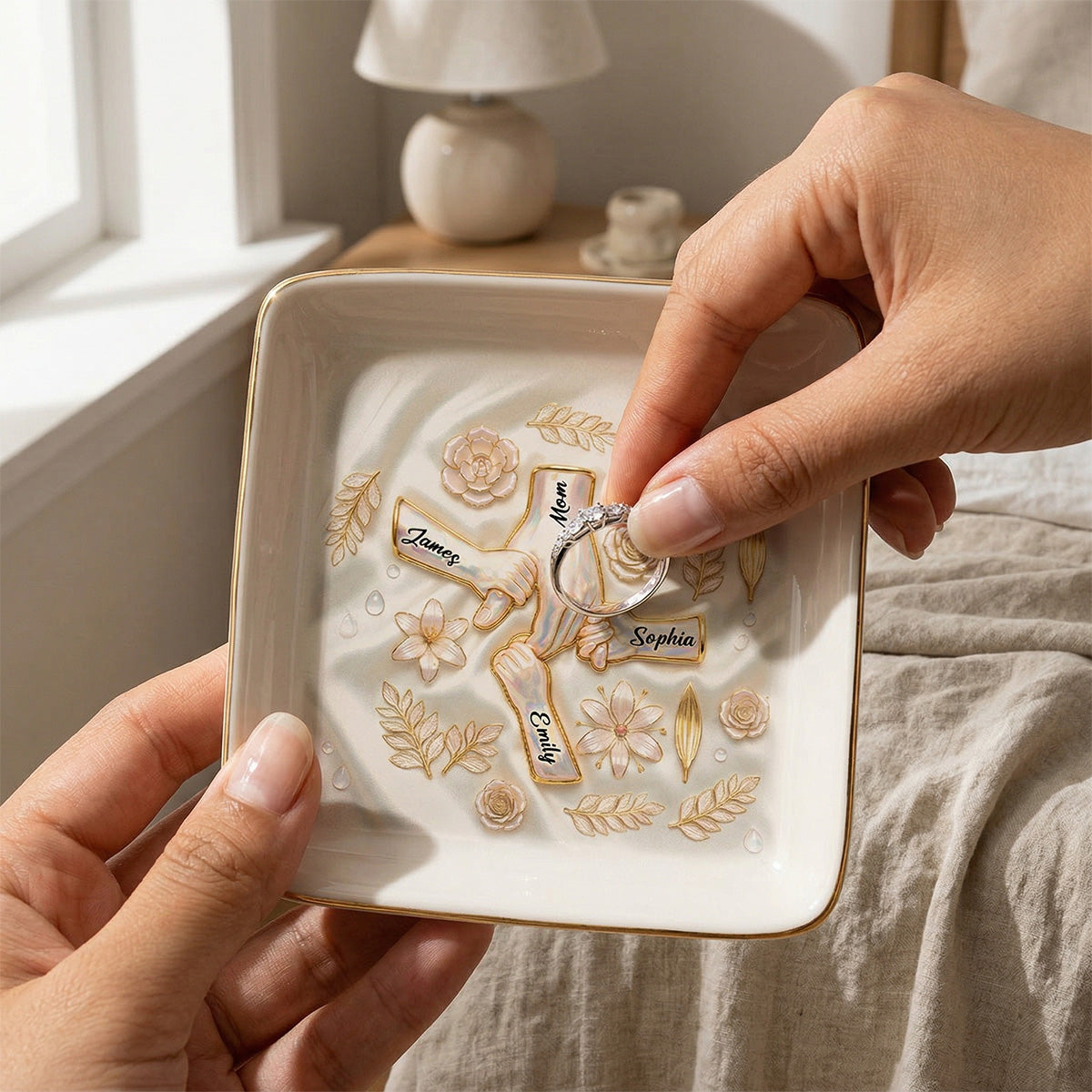 Kids Holding Mom Grandma Hand 2D Printed - Personalized Jewelry Dish - Mother's Day Gift For Mom, Grandma