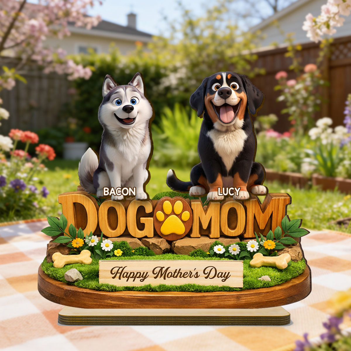 Happy Mother's Day Dog Mom - Personalized 2-Layered Wooden Plaque - Gift for Dog Lovers