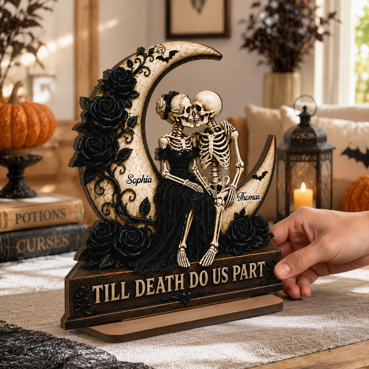 Till Death Do Us Part Skeleton Couple On Moon 2D Flat - Personalized 2-Layered Wooden Plaque - Halloween Decor For Couple