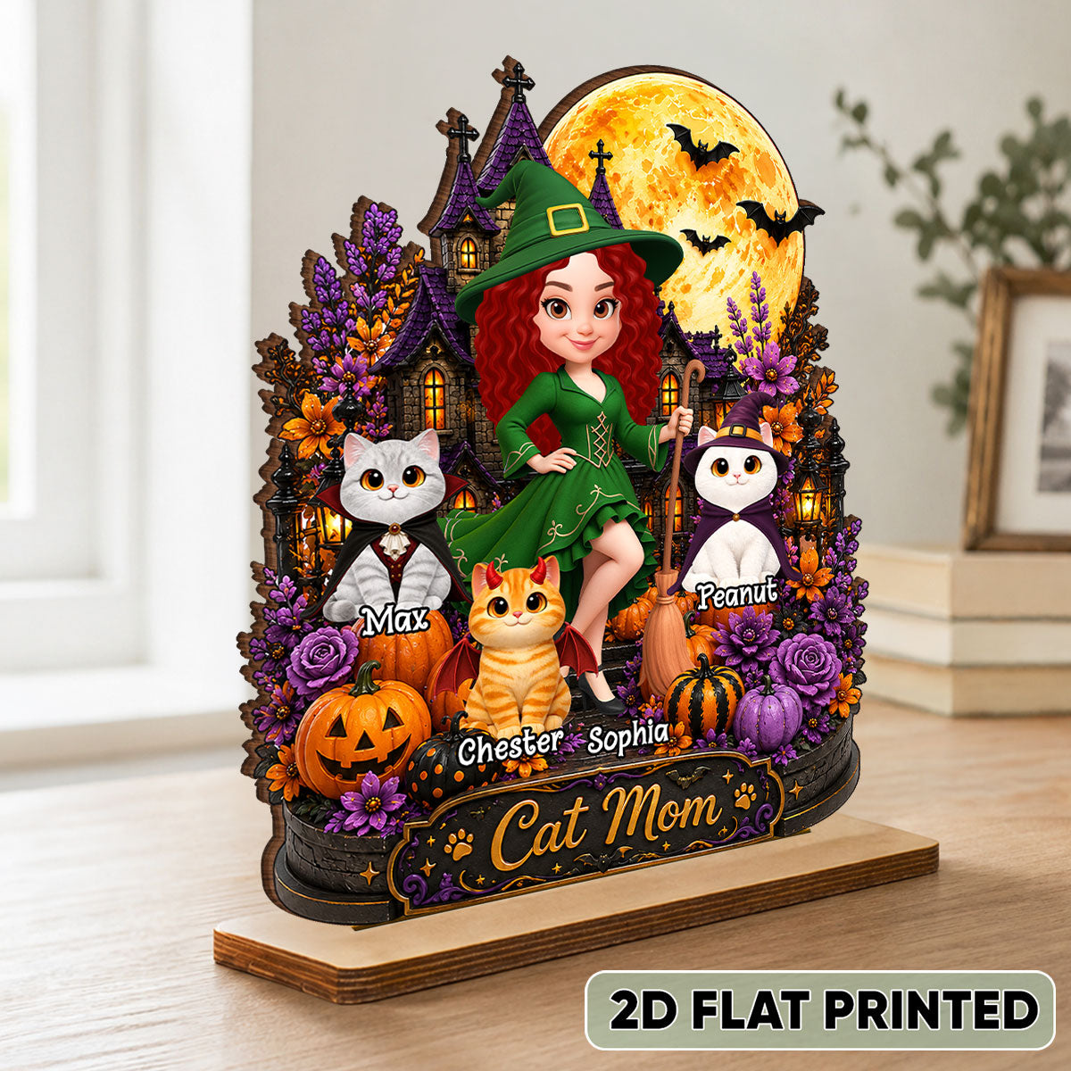 Cat Mom Witch Haunted House Moon - Personalized 2-Layered Wooden Plaque - Halloween Decor Gift, Gift For Cat Lovers