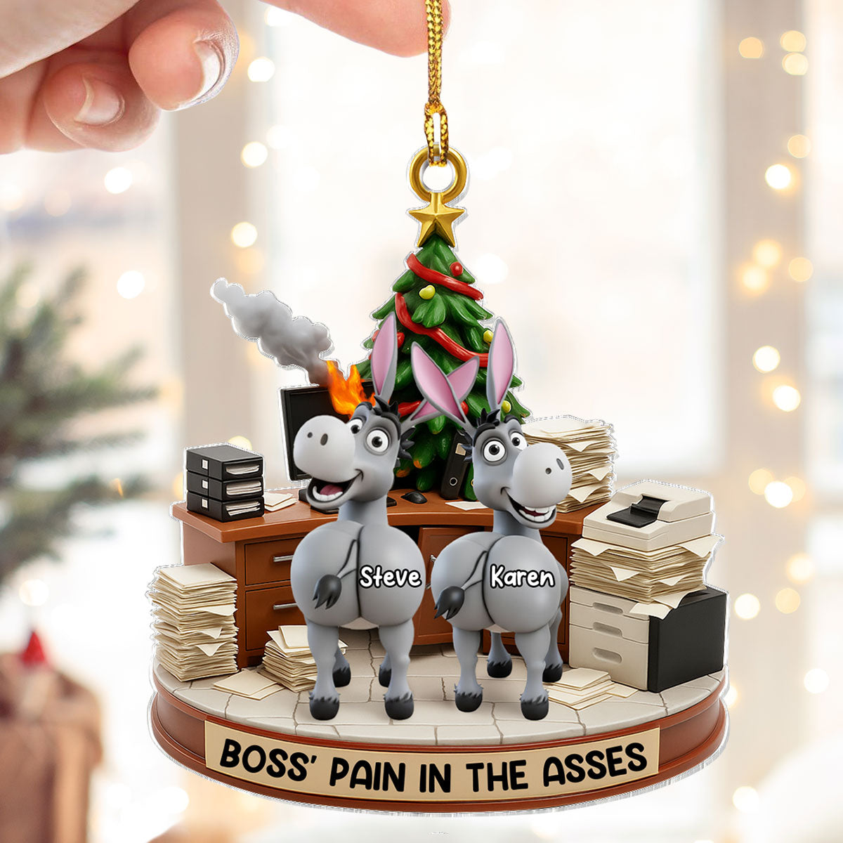 Funny Boss Christmas Pain in the Asses, Donkey Office Decoration - Personalized Acrylic Ornament - Custom Employee Gift Exchange, White Elephant Gift