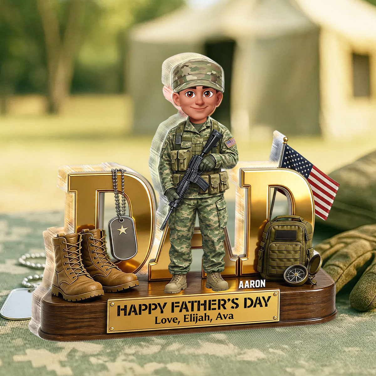 Proud American Military Armed Force Hero Dad 2D Flat - Personalized Acrylic Block Plaque -  Gift For Dad
