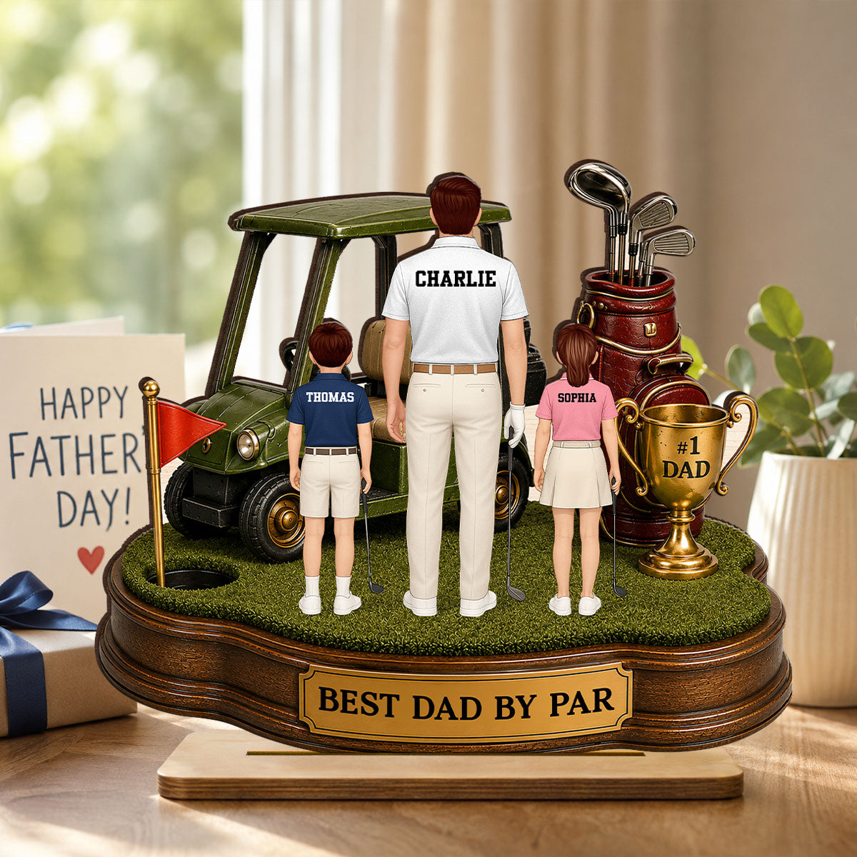 Best Dad By Par Golf Dad & Kids - Personalized 2-Layered Wooden Plaque -  Gift For Dad, Husband