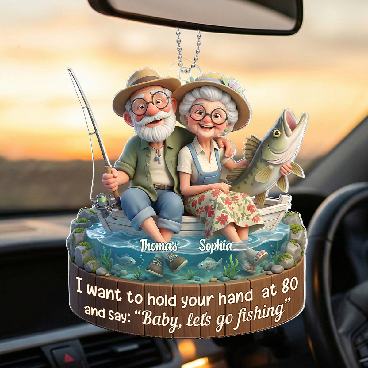 Baby Let's Go Fishing Old Couple - Personalized Acrylic Car Hanger - Sentimental Gift for him, for her