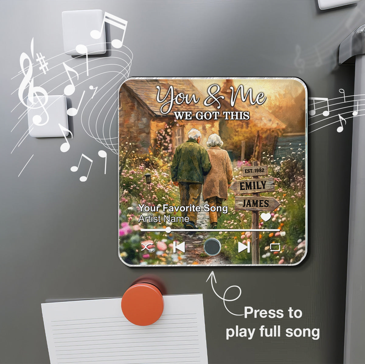 Old Couple Walking Down The Wildflower Road - Personalized Music Fridge Magnet - Anniversary, Valentine's Day Gift