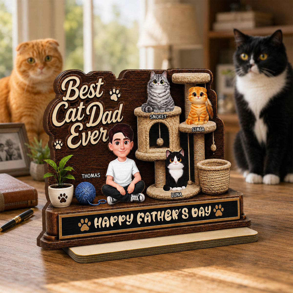 Best Cat Dad Ever Man Sitting Cute Cats On Cat Tree 2D Flat - Personalized 2-Layered Wooden Plaque -  Gift For Cat Dad