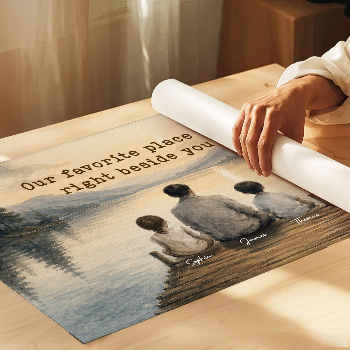 Peaceful Lakeside Dad And Kids Watercolor Style - Personalized Poster