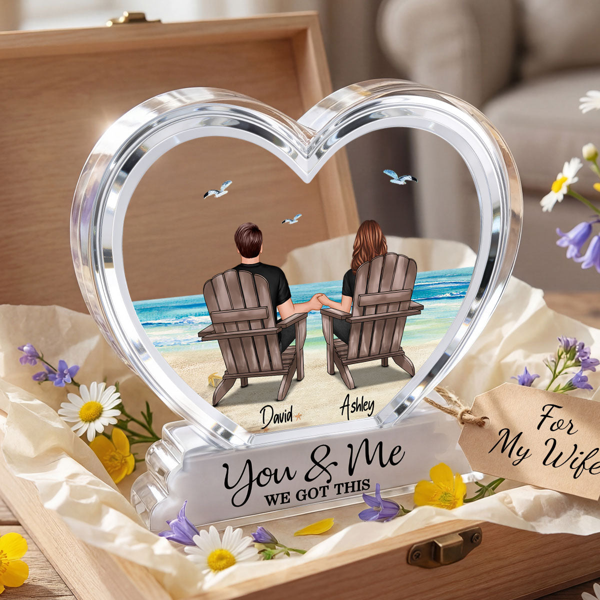 Couple Sitting Back View Beach Landscape 2D Flat - Personalized Acrylic Block Plaque - Anniversary, Birthday Gift For Him, Gift For Her