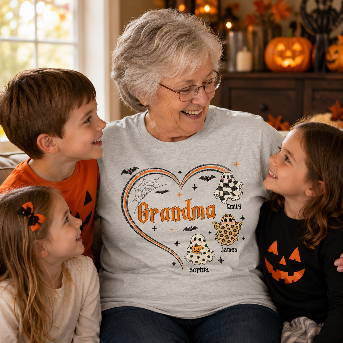 Grandma's Boo Crew Heart Checkered Leopard Polka Dot Ghosts - Personalized Shirt - Perfect Halloween Costume for Grandma