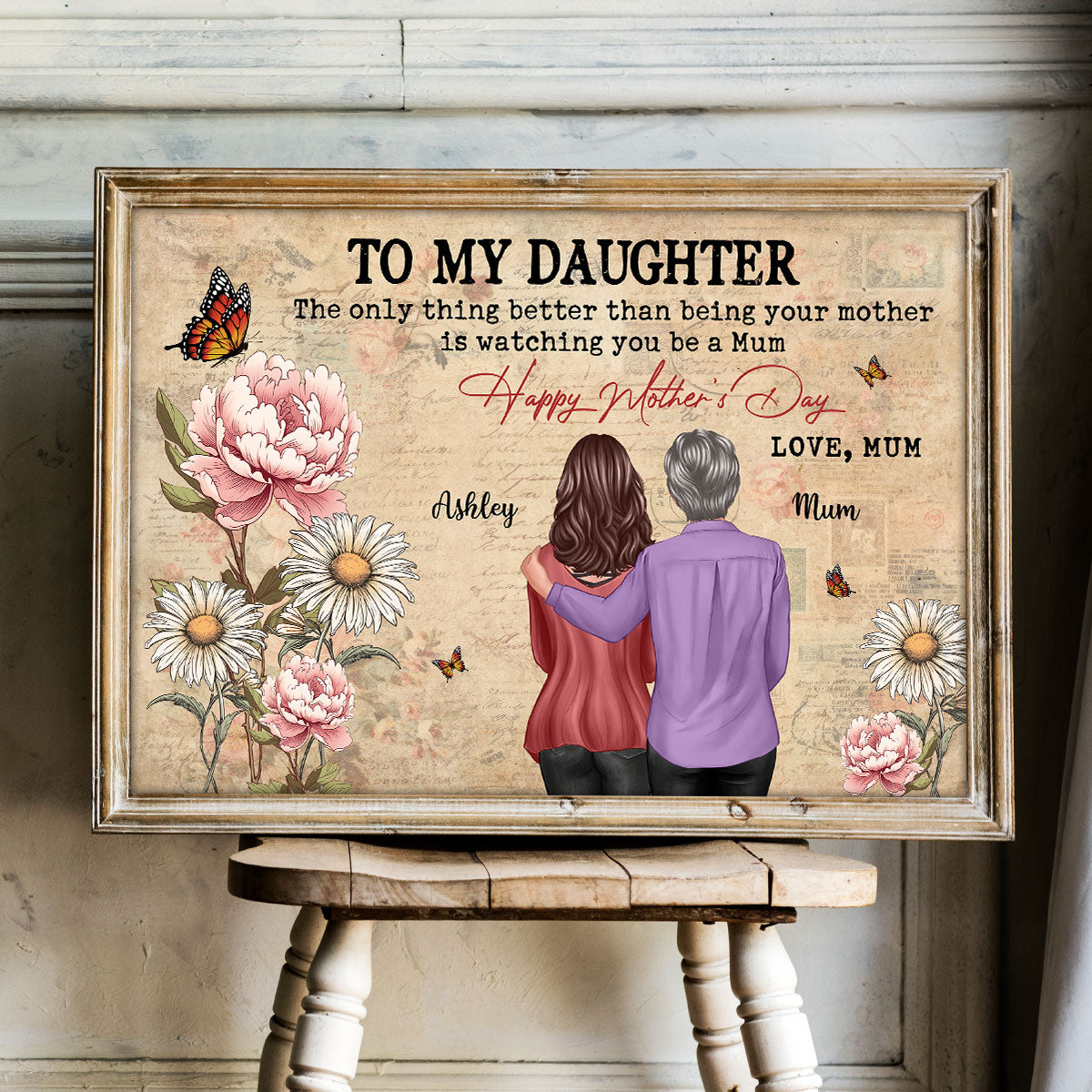 To My Daughter From Mum Vintage Floral Newspaper Birth Month Flower - Personalised Poster - UK Mother's Day