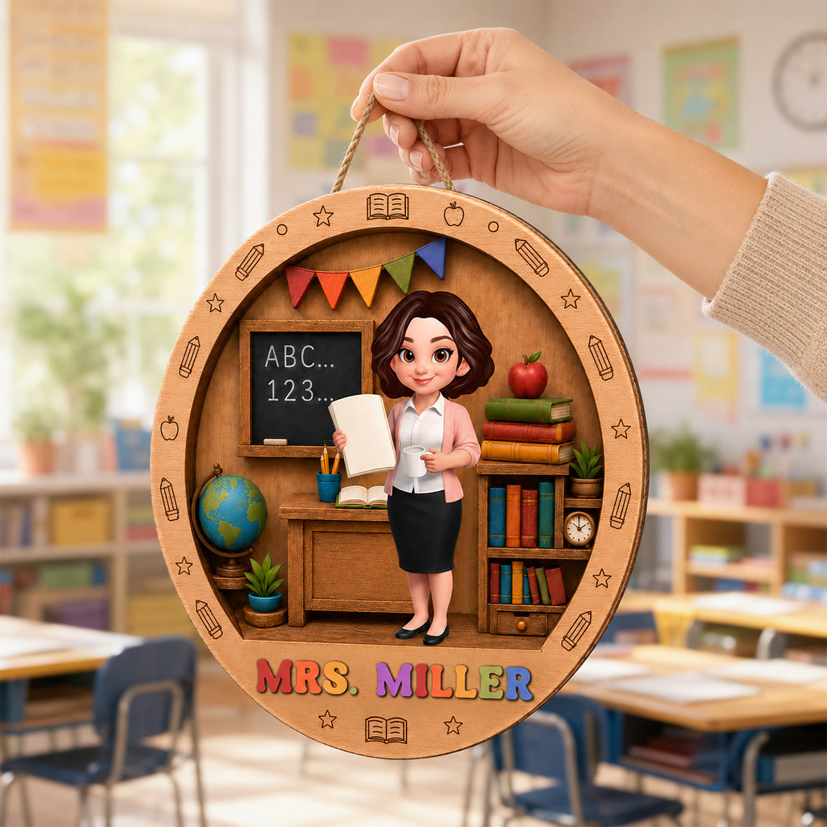 Teacher In Classroom 3D Design - Personalized 2-Layered Wood Sign - Back To School Gift For Teacher