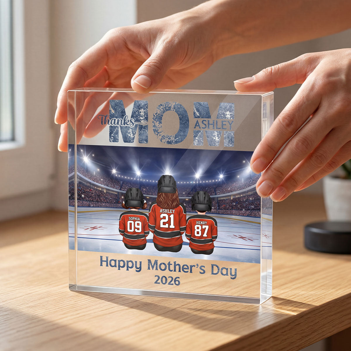 Thanks Mom Hockey Mom and Kids - Personalized Acrylic Block Plaque - Mother's Day Gift For Mom, Gift For Wife