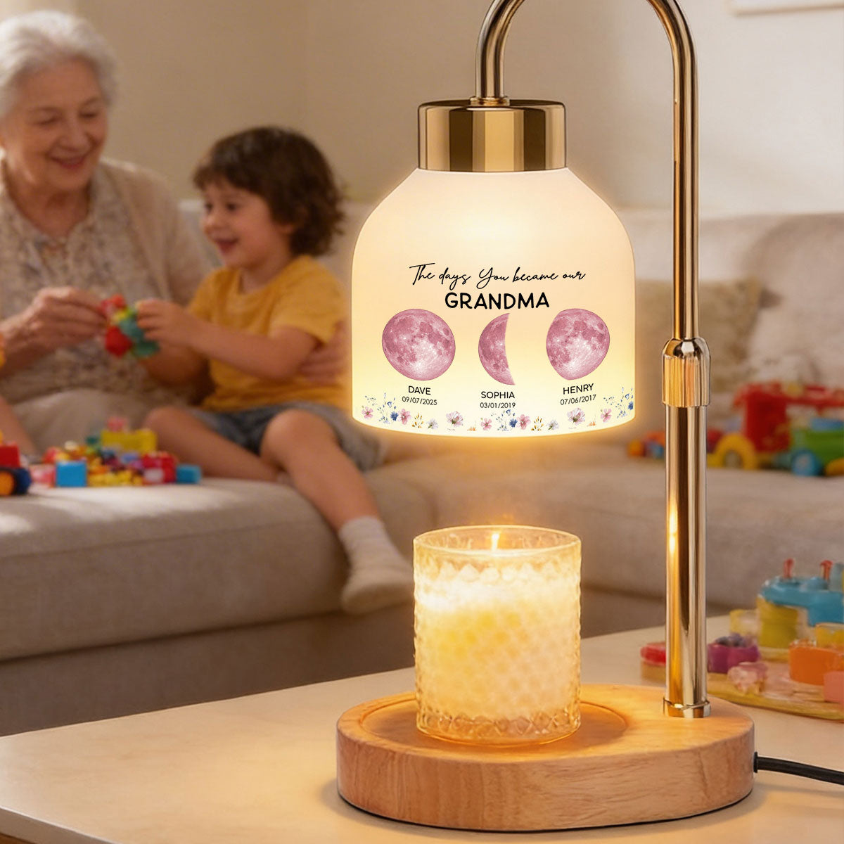The Days You Became Our Mom Grandma Custom Pink Moon Phase By Date - Personalized Candle Warmer Lamp