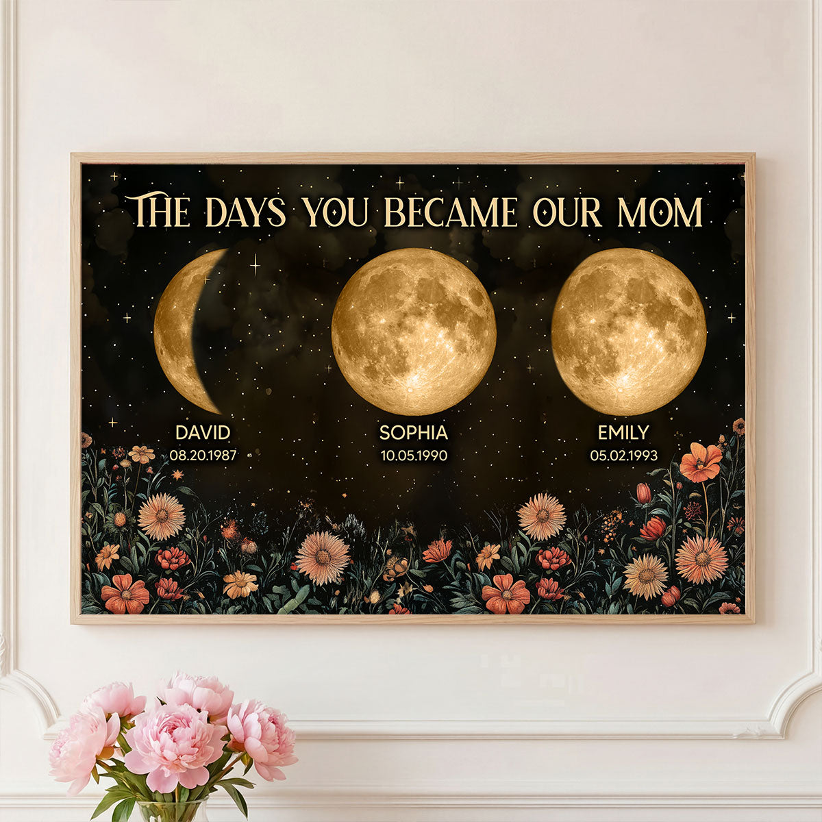 Vintage Flowers The Day You Became Mom Grandma Custom Birth Moon Phase - Personalized Poster, Mother's Day Gift For Mom, Grandma