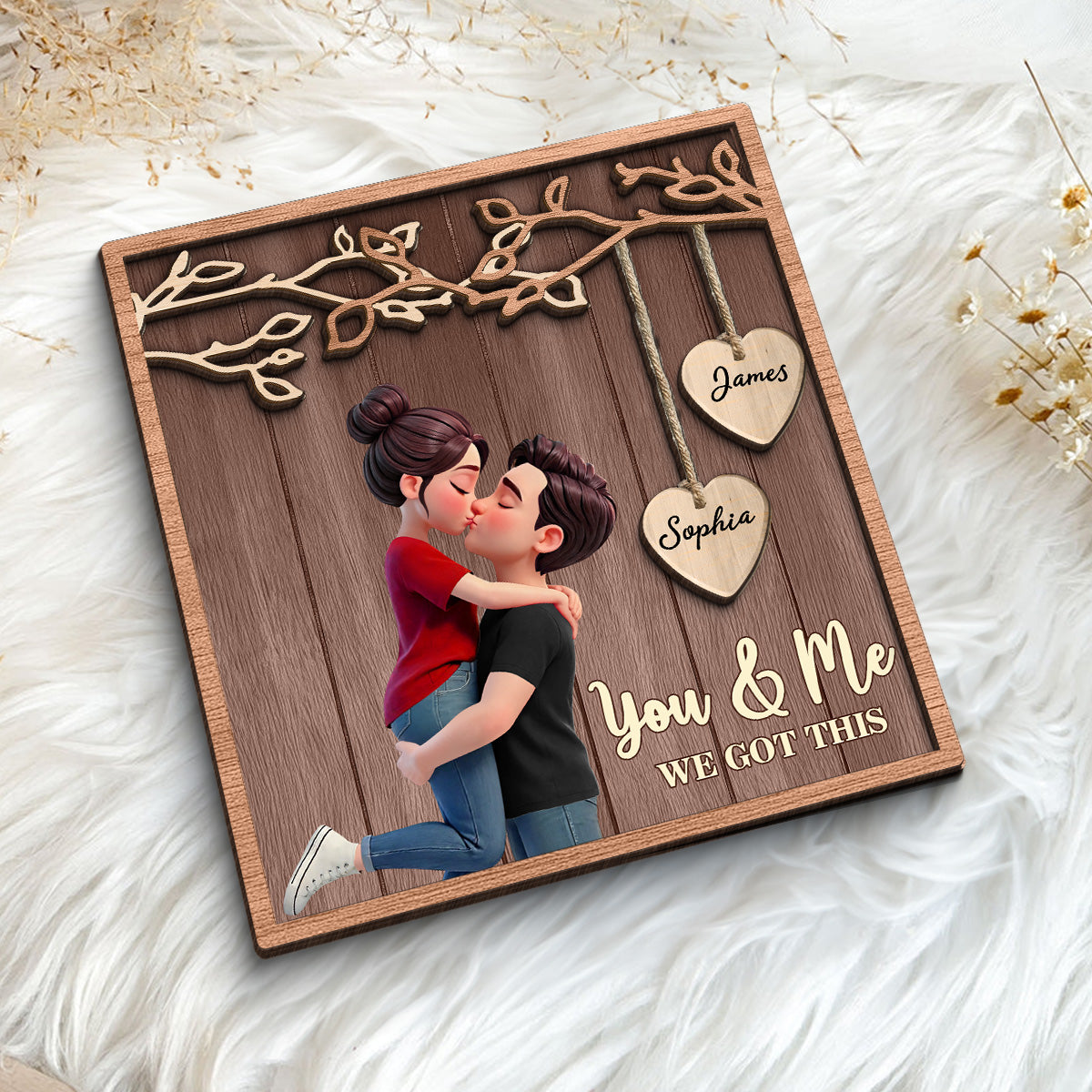 Couple Hugging Kissing Under Eternal Tree Of Love - Personalized 2-Layered Wooden Plaque - Gift For Couple