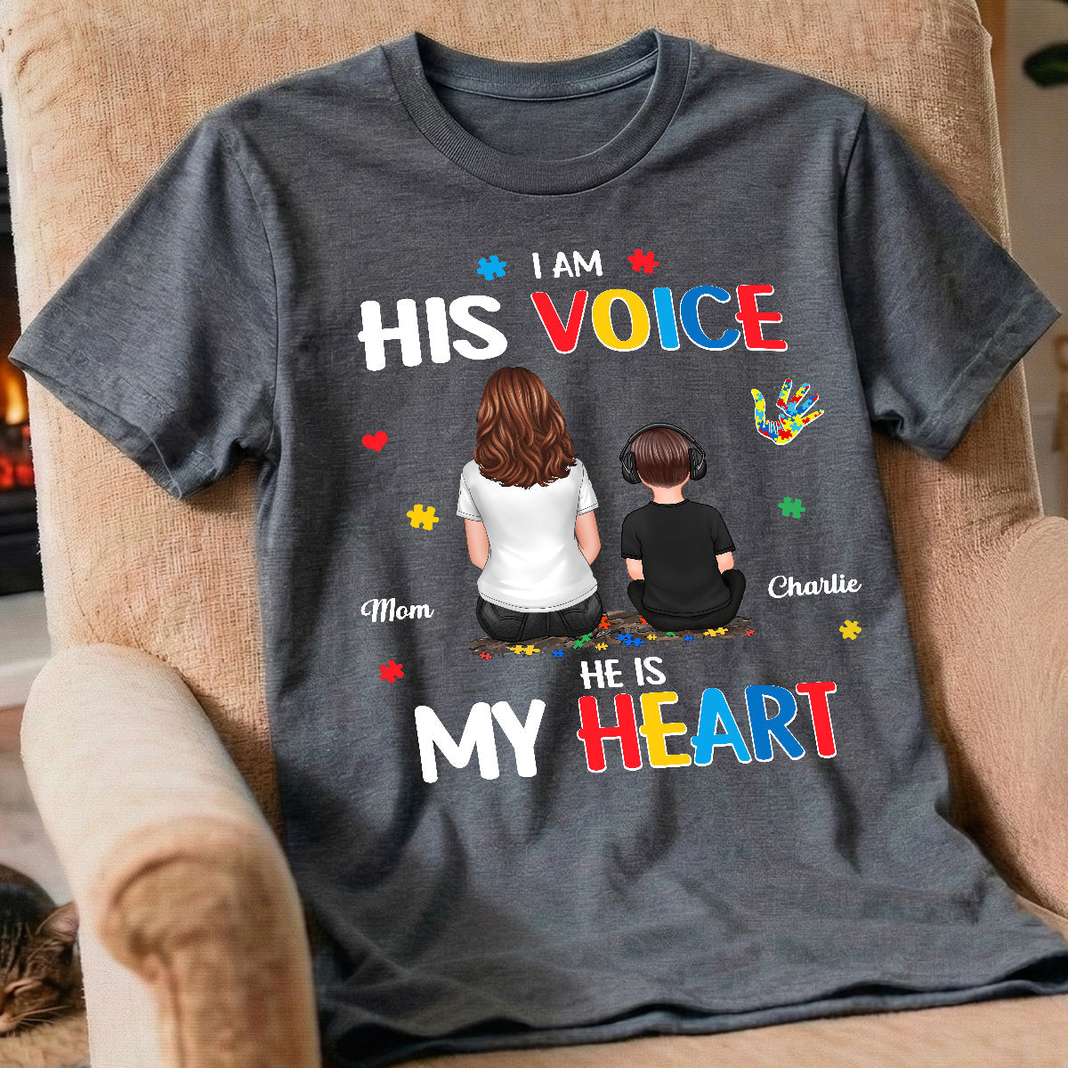 I'm His Voice He's My Heart Autism Back View Parent & Kid - Personalized Shirt - Autism Awareness Shirt