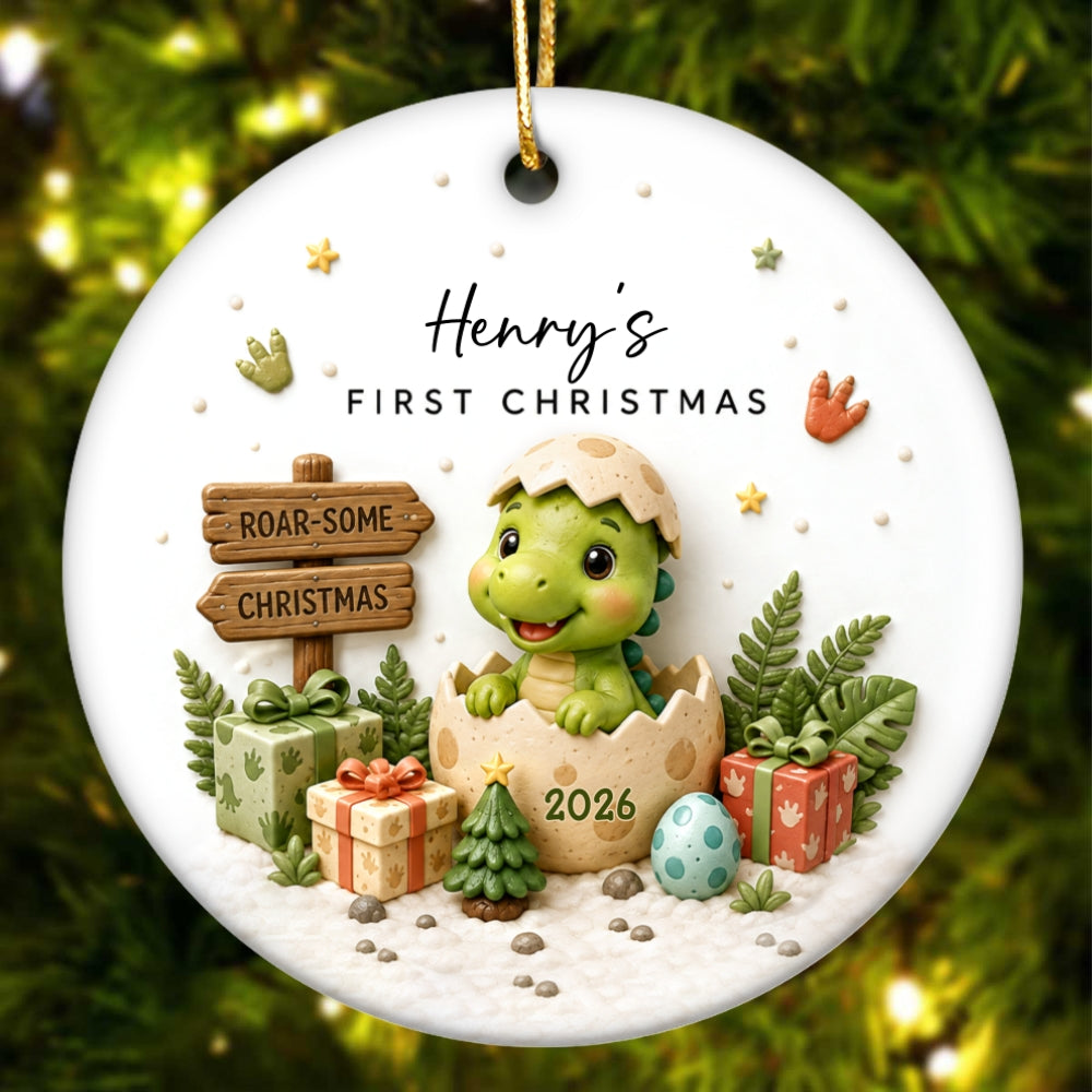 Baby Dinosaur First Christmas 2D Flat - Personalized Ceramic Ornament - Christmas Keepsake