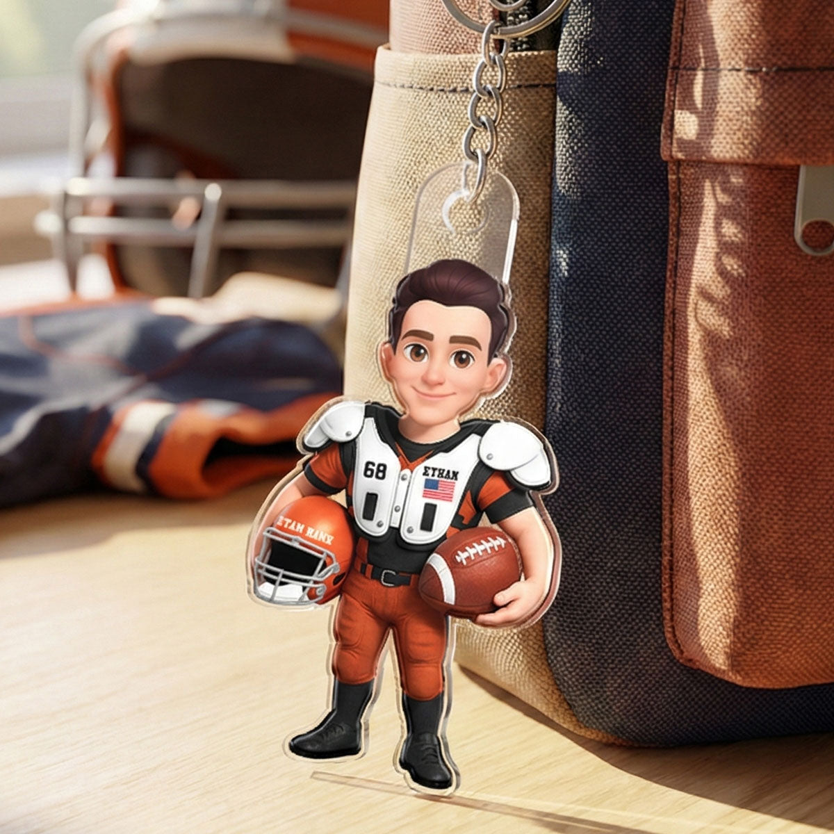 3D Effect Proud American Football Player - Personalized Acrylic Keychain - Gift For Football Players, Football Lovers