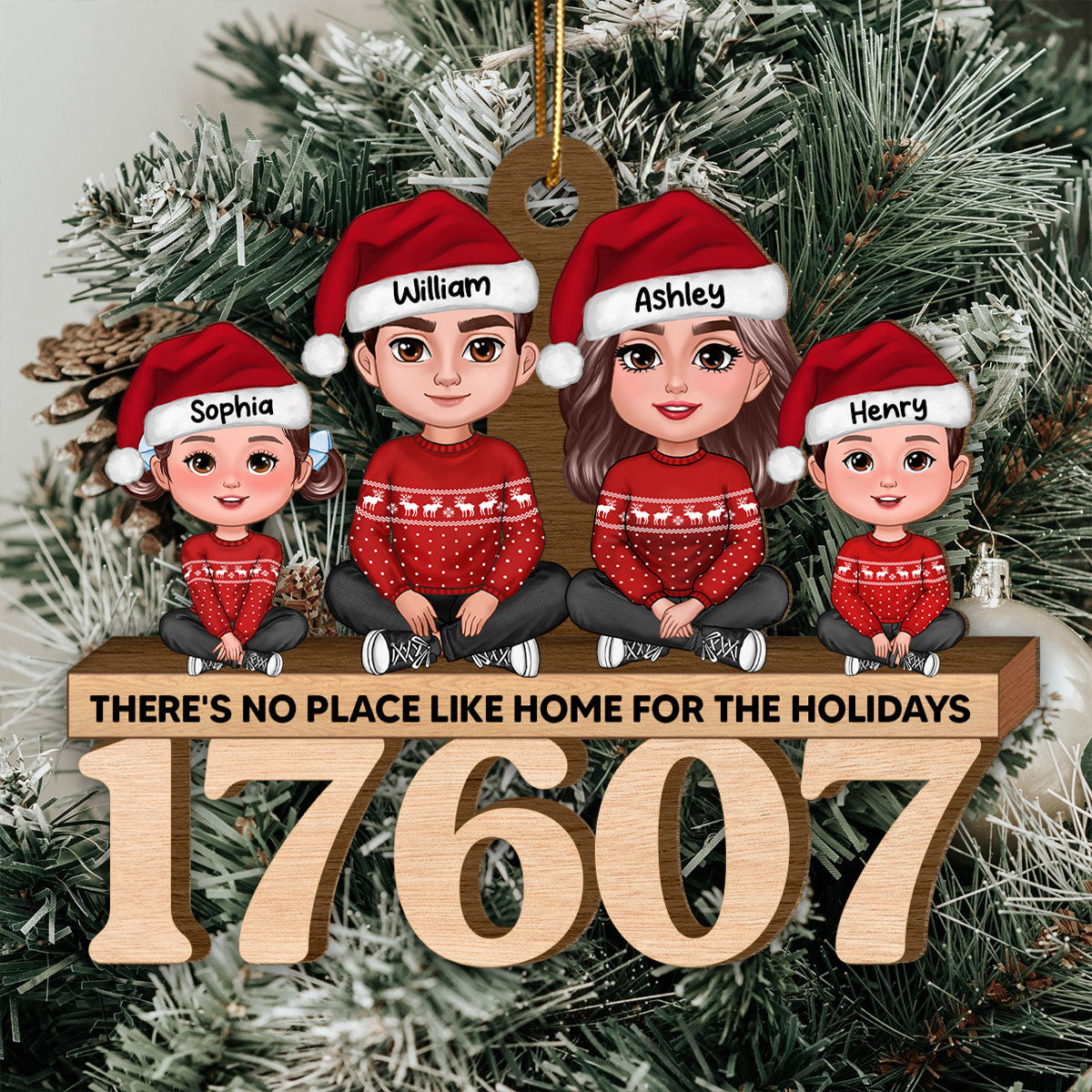No Place Like Home Doll Family Sitting Zip Code - Personalized Wooden Ornament