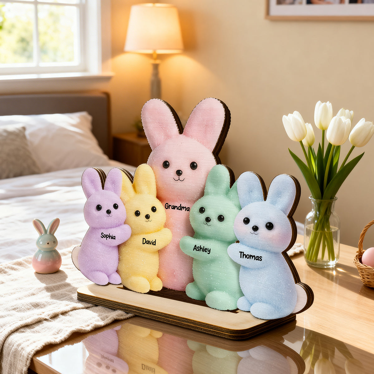 Grandma and Grandkids Bunnies - Personalized 2-Layered Wooden Plaque - Easter Decor Gift for Grandma, Mom