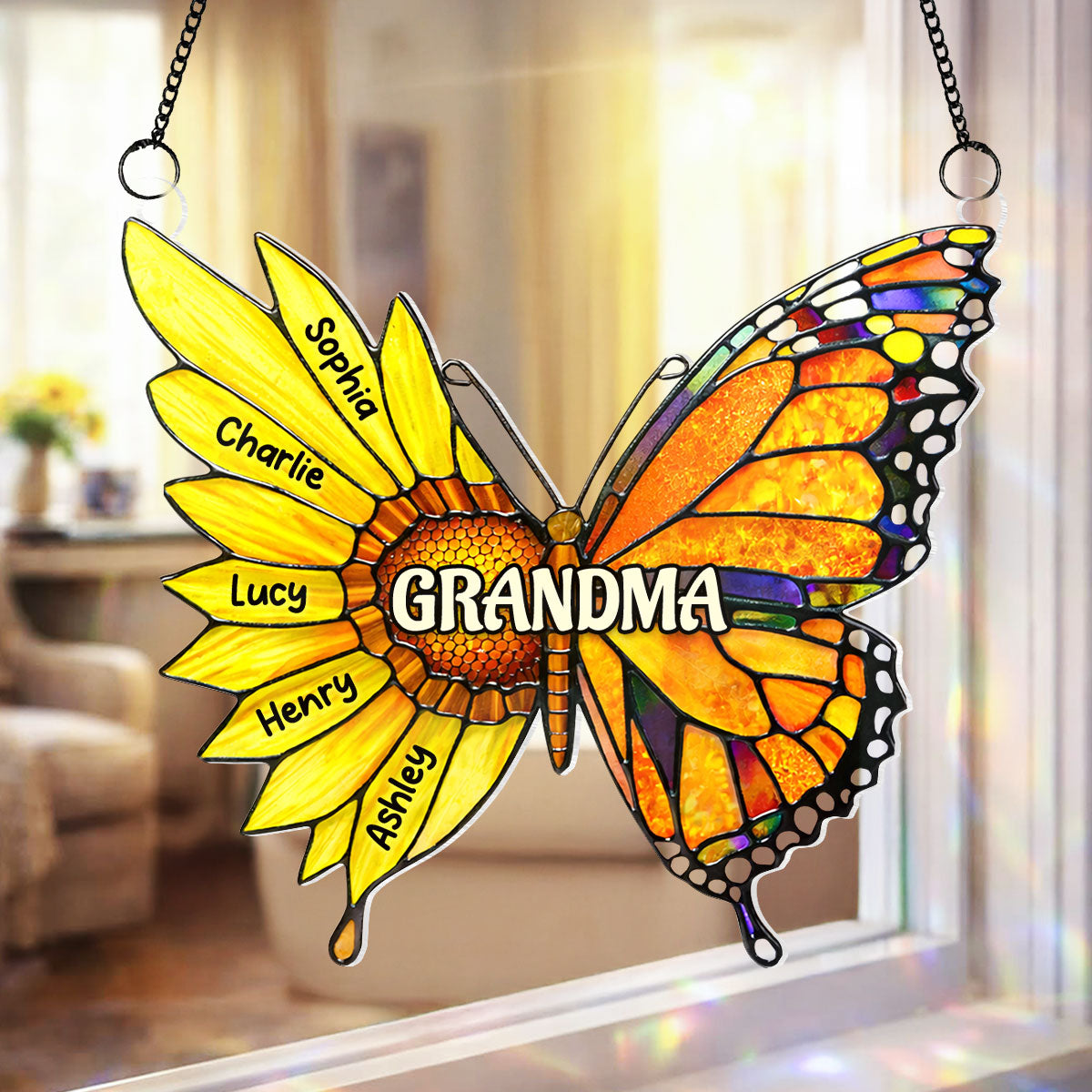 Grandma Sunflower Butterfly Custom Kids Names - Personalized Suncatcher Ornament - Mother's Day Gift For Grandma, Mom, Wife