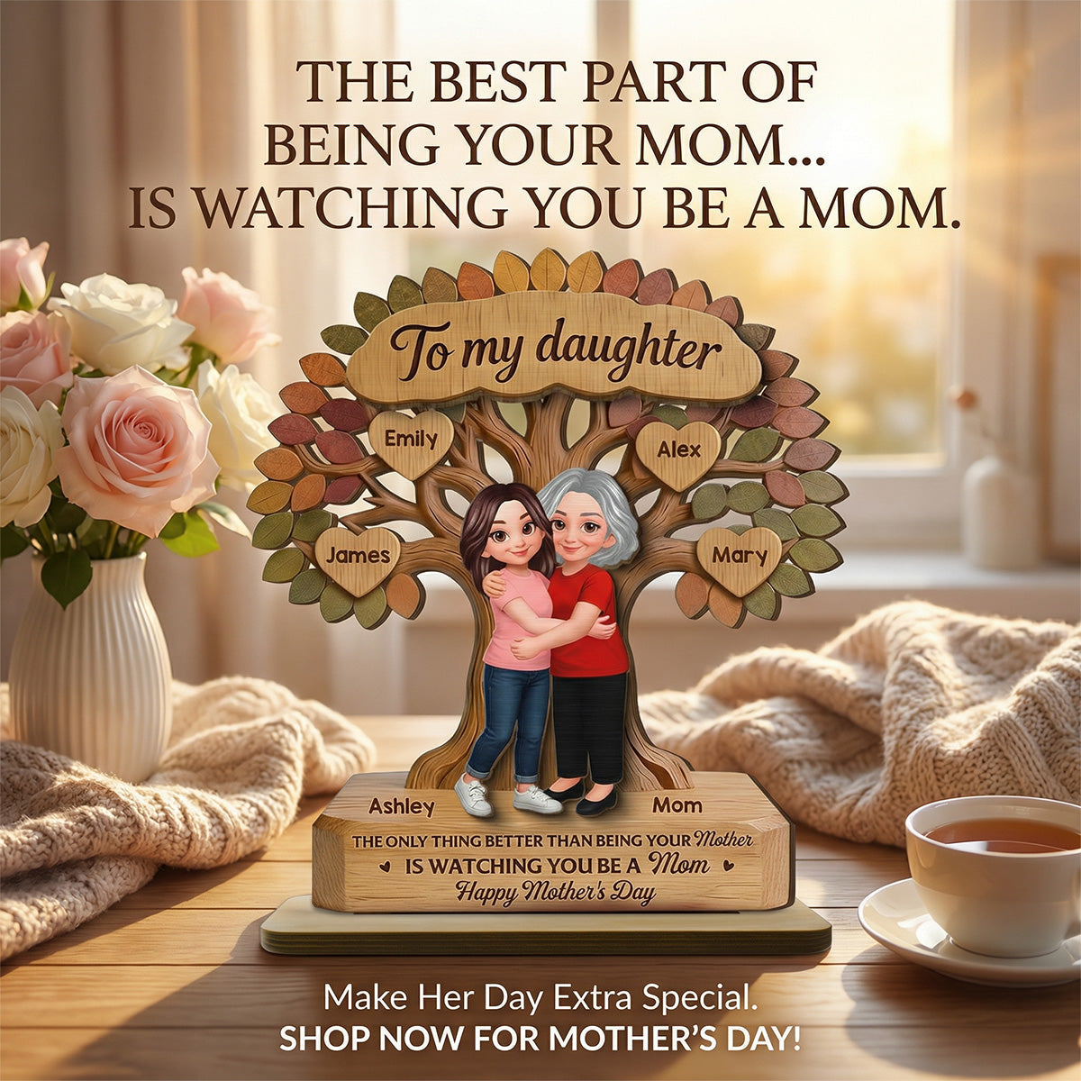 To My Daughter From Mom Happy Mother's Day Tree Of Life Custom Kids Names - Personalized 2-Layered Wooden Plaque - Mother's Day Gift For Daughter