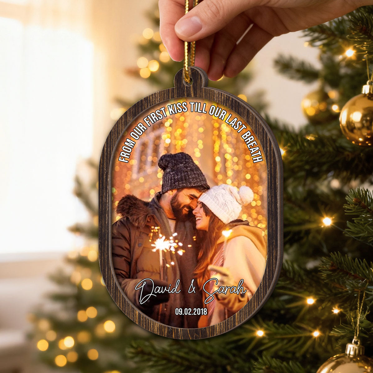 Couple Upload Photo Christmas - Personalized 2-Layered Wooden Ornament