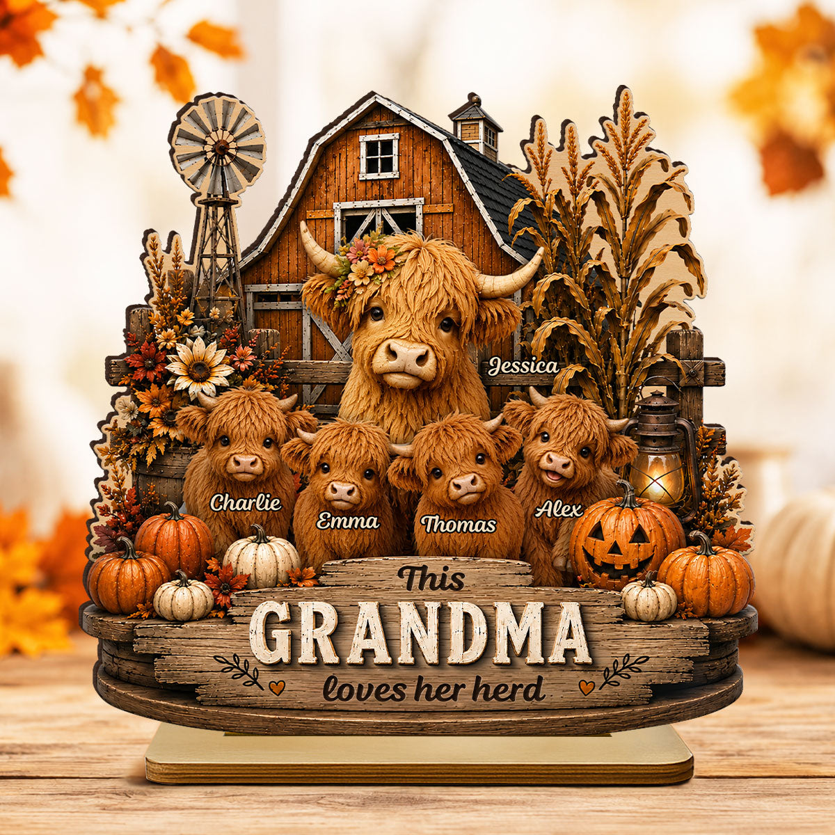 This Grandma Loves Her Herd - Personalized 2-Layered Wooden Plaque - Rustic Farmhouse Fall Decor for Grandma
