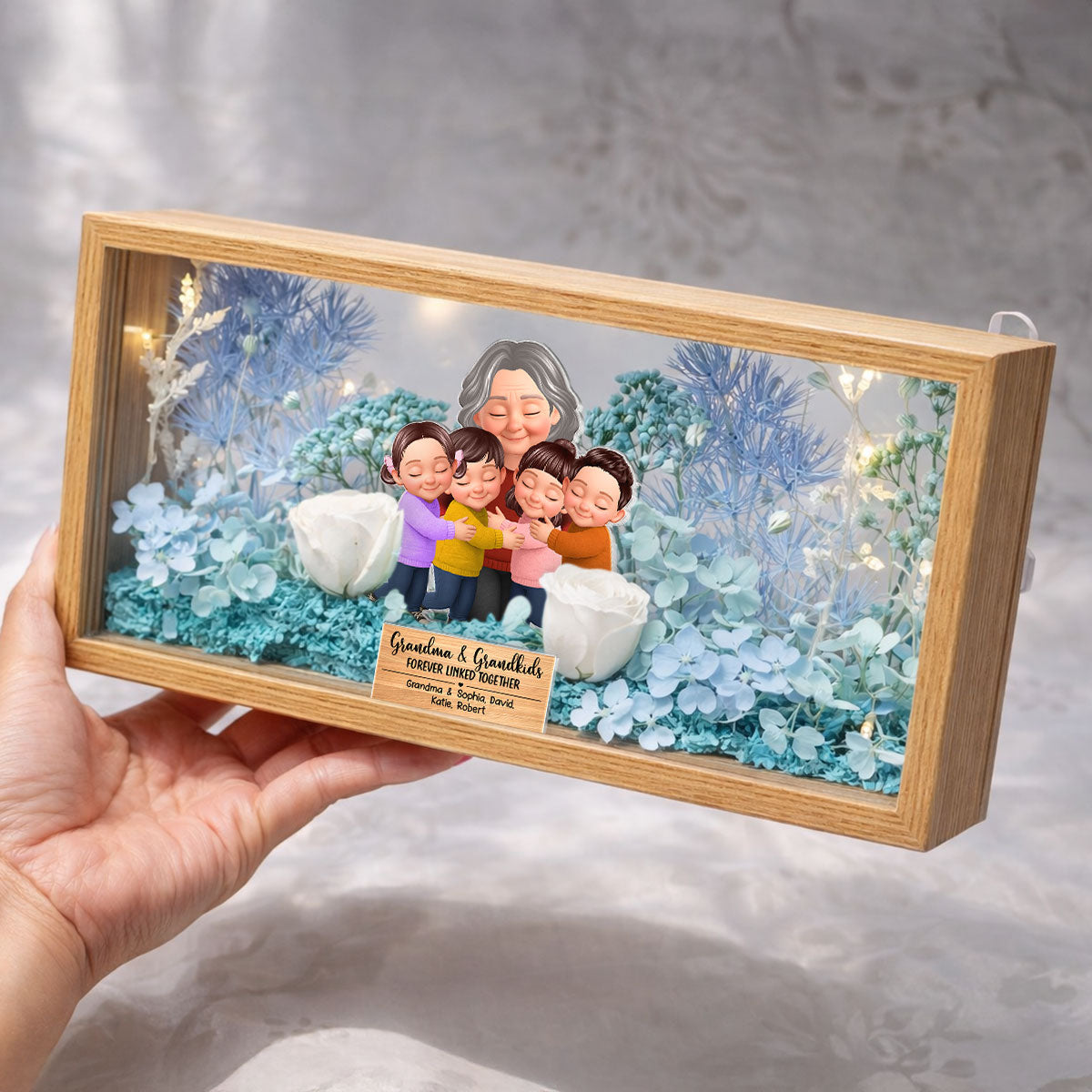 Grandma And Grandkids Forever Linked Together - Personalized DIY Flower Shadow Box LED Night Light - Gift For Grandma
