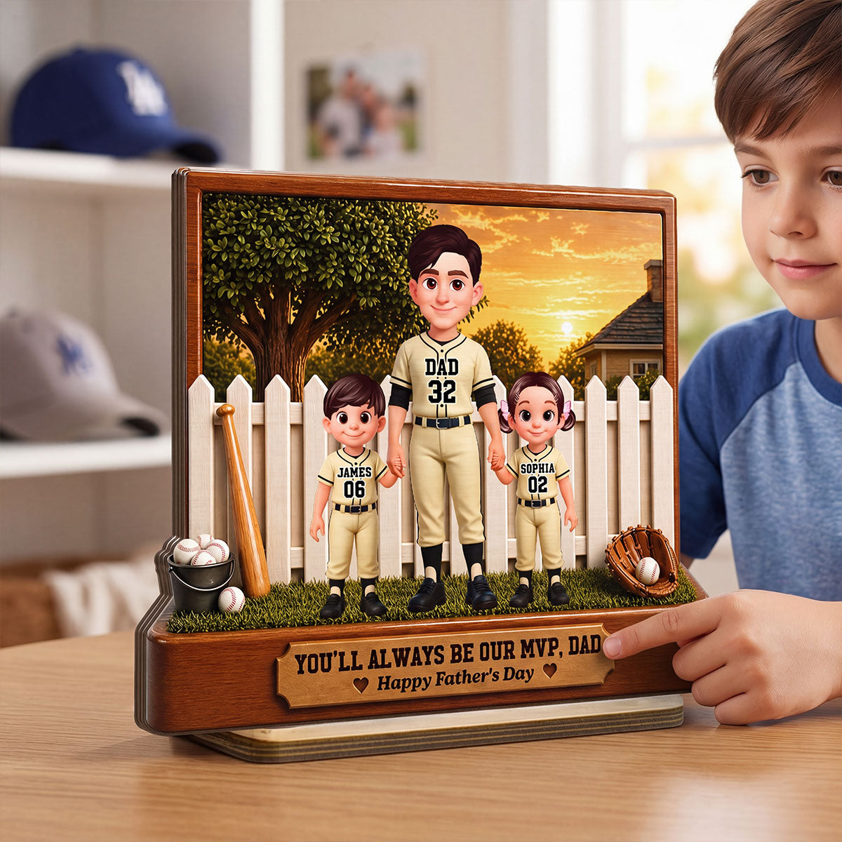 Baseball Dad And Kids Backyard We Caught The Best Dad - Personalized 2-Layered Wooden Plaque -  Gift For Dad
