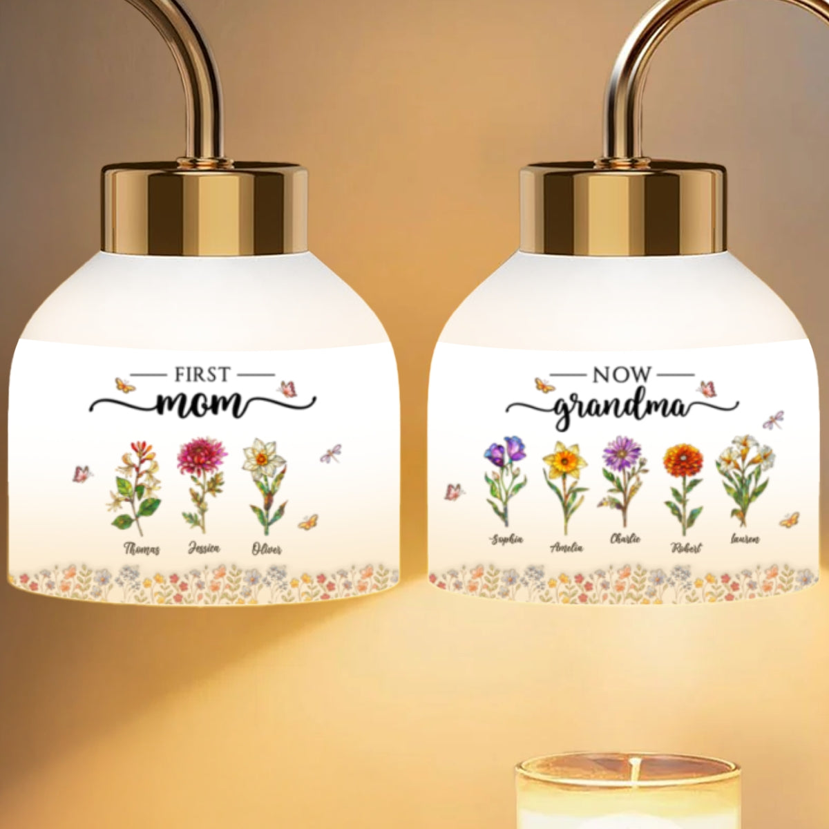 First Mom Now Grandma Custom Birth Flower - Personalized Candle Warmer Lamp - Heartfelt Mother's Day Gift for Grandma, Mom, Wife