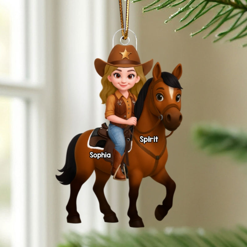 3D Effect Girl And Her Horse - Personalized Acrylic Ornament - Christmas Gift for Horse Lovers