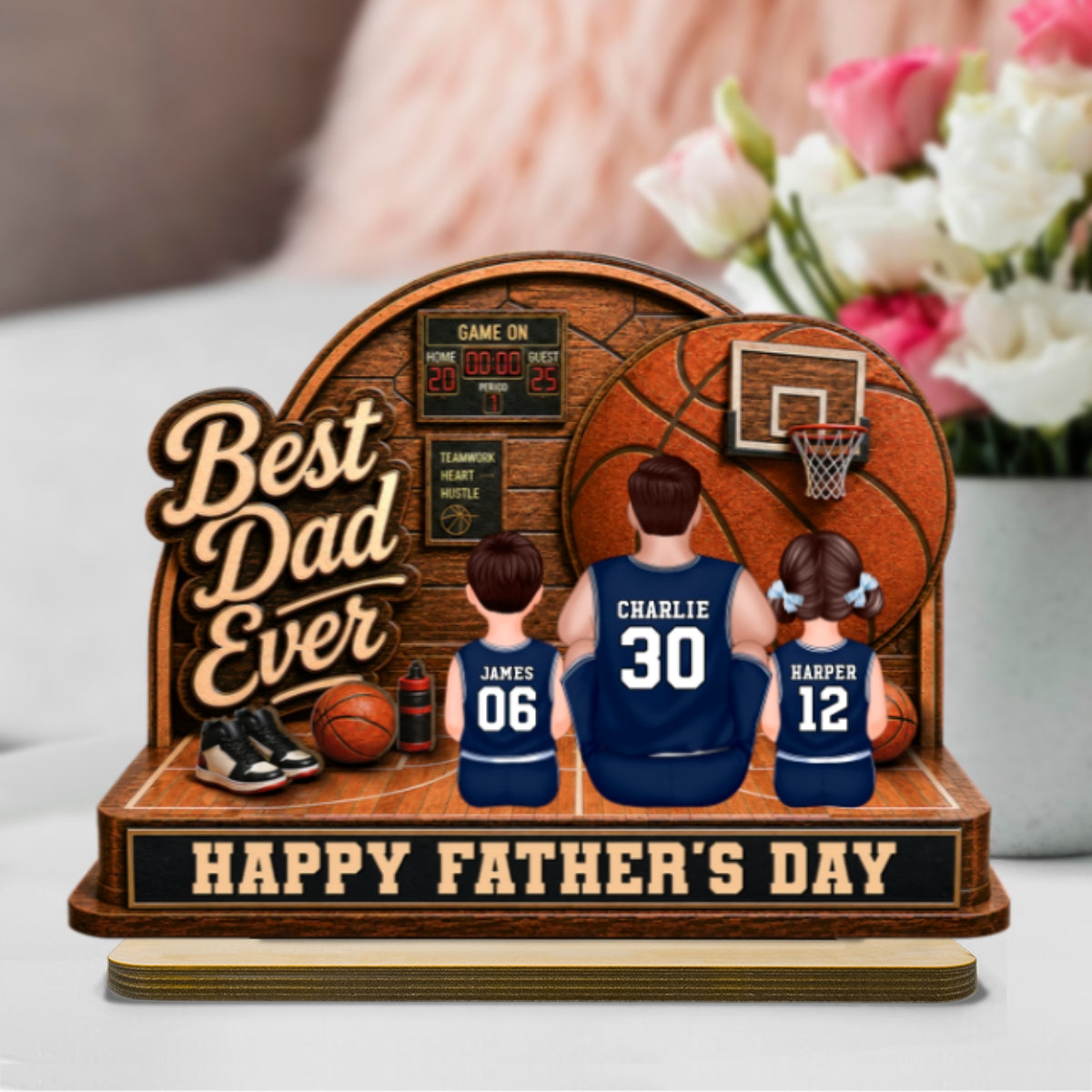 MVP Dad Back View Basketball Man & Kids 2D Flat - Personalized 2-Layered Wooden Plaque -  Gift For Basketball Dad