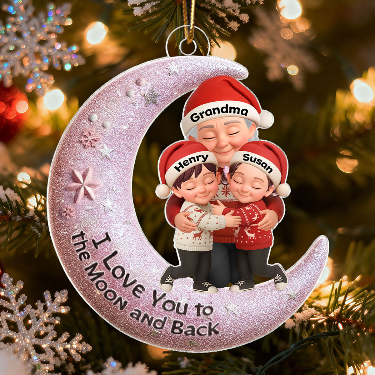 Grandma Hugging Grandkid on Moon - Personalized Acrylic Ornament - Christmas Gift for Grandma, Grandkids