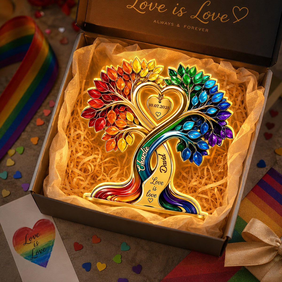 LGBTQ+ Couple Heart Tree - Personalized Light Box - Anniversary Gift for Him, Gift for Her