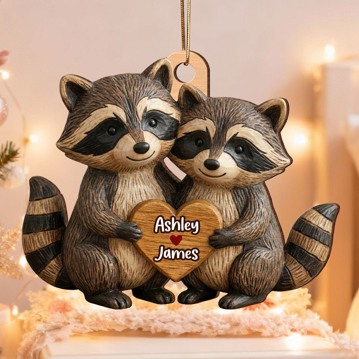 3D Effect Animal Couple Heart - Personalized Wooden Ornament - Gift For Him, Gift For Her