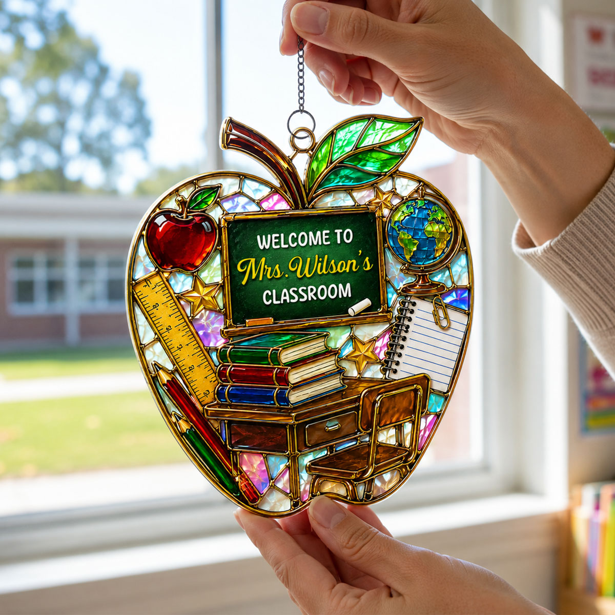 Teacher Apple Welcome to Classroom - Personalized Acrylic Suncatcher - Back to School Gift for Teacher, Classroom Decor