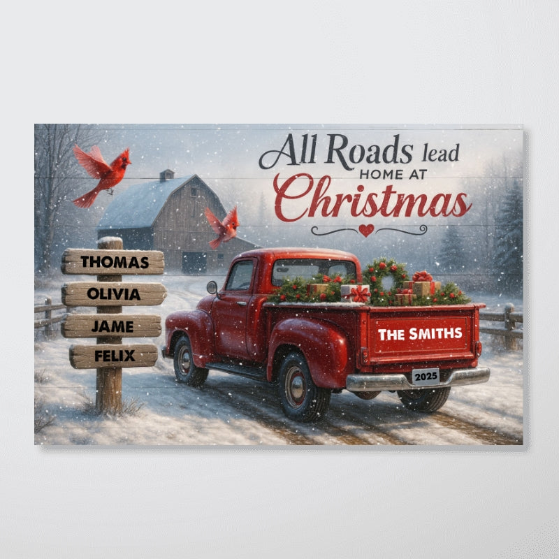 All Roads Lead Home at Christmas - Personalized Poster - Family Christmas Sign with Names, Christmas Home Decor
