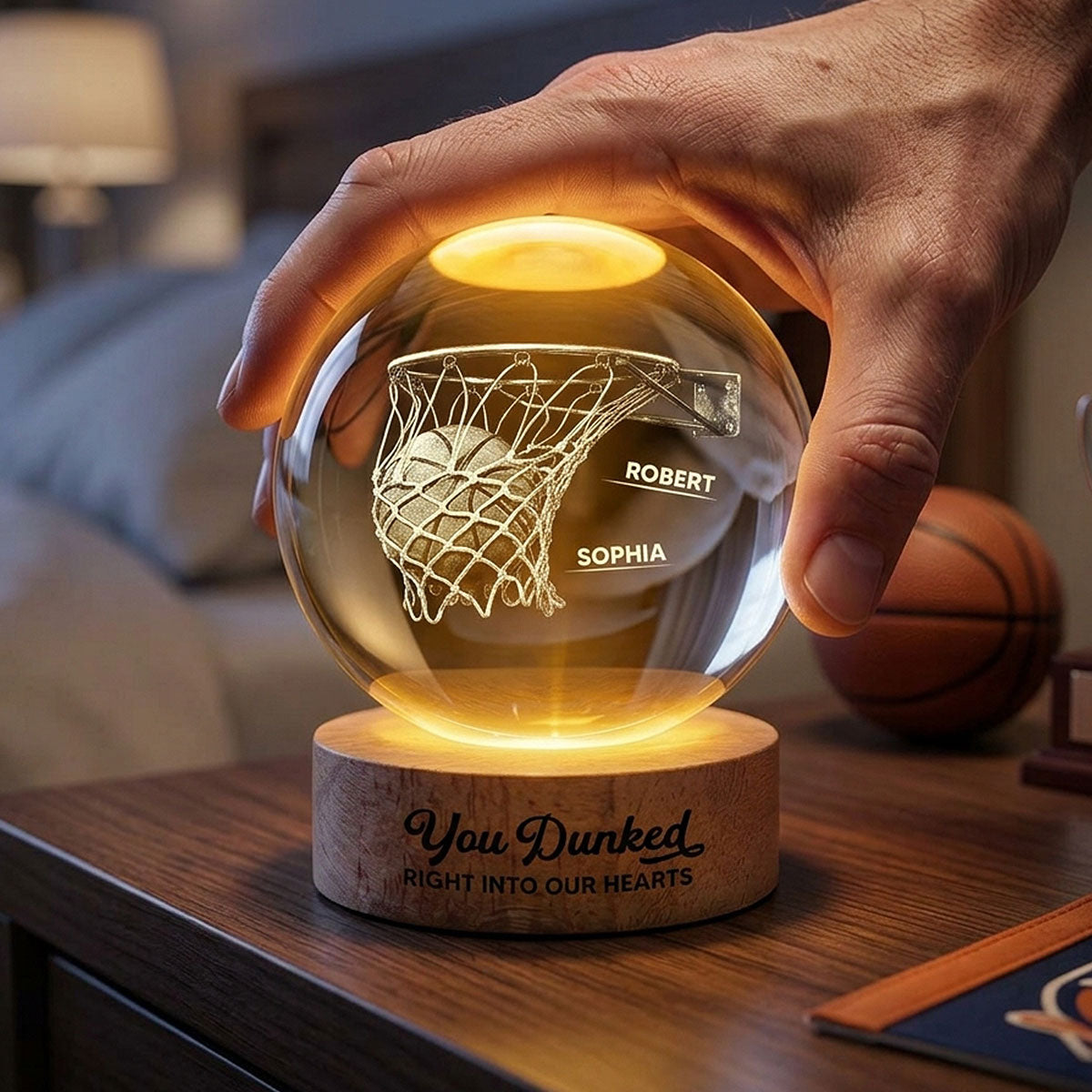 We Dunked Right Into Our Heart - Personalized Crystal Ball LED Night Light -  Gift For Basketball Dad