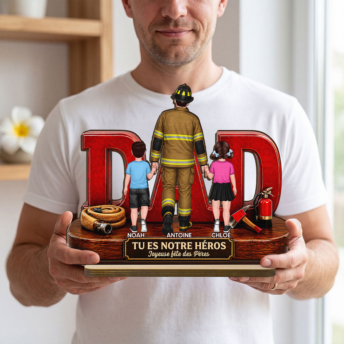 Papa pompier fier - Plaque en bois personnalisée à 2 couches - Cadeau de fête des Pères pour papa, mari