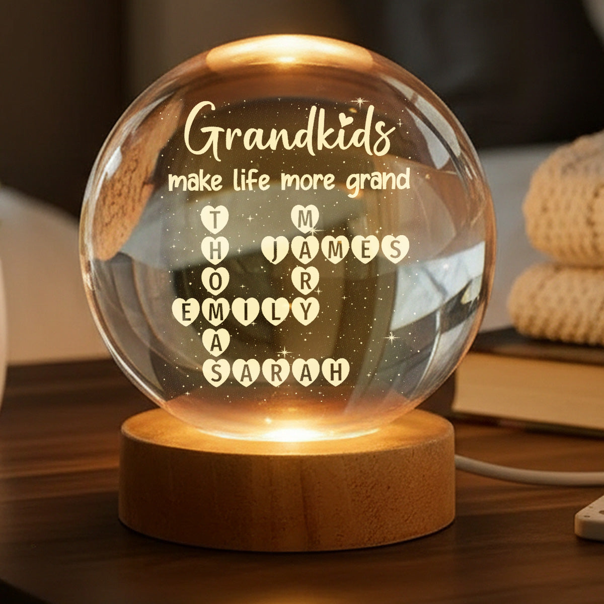 Grandkids Make Life Grand Crossword Puzzle Art - Personalized Crystal Ball Night Light