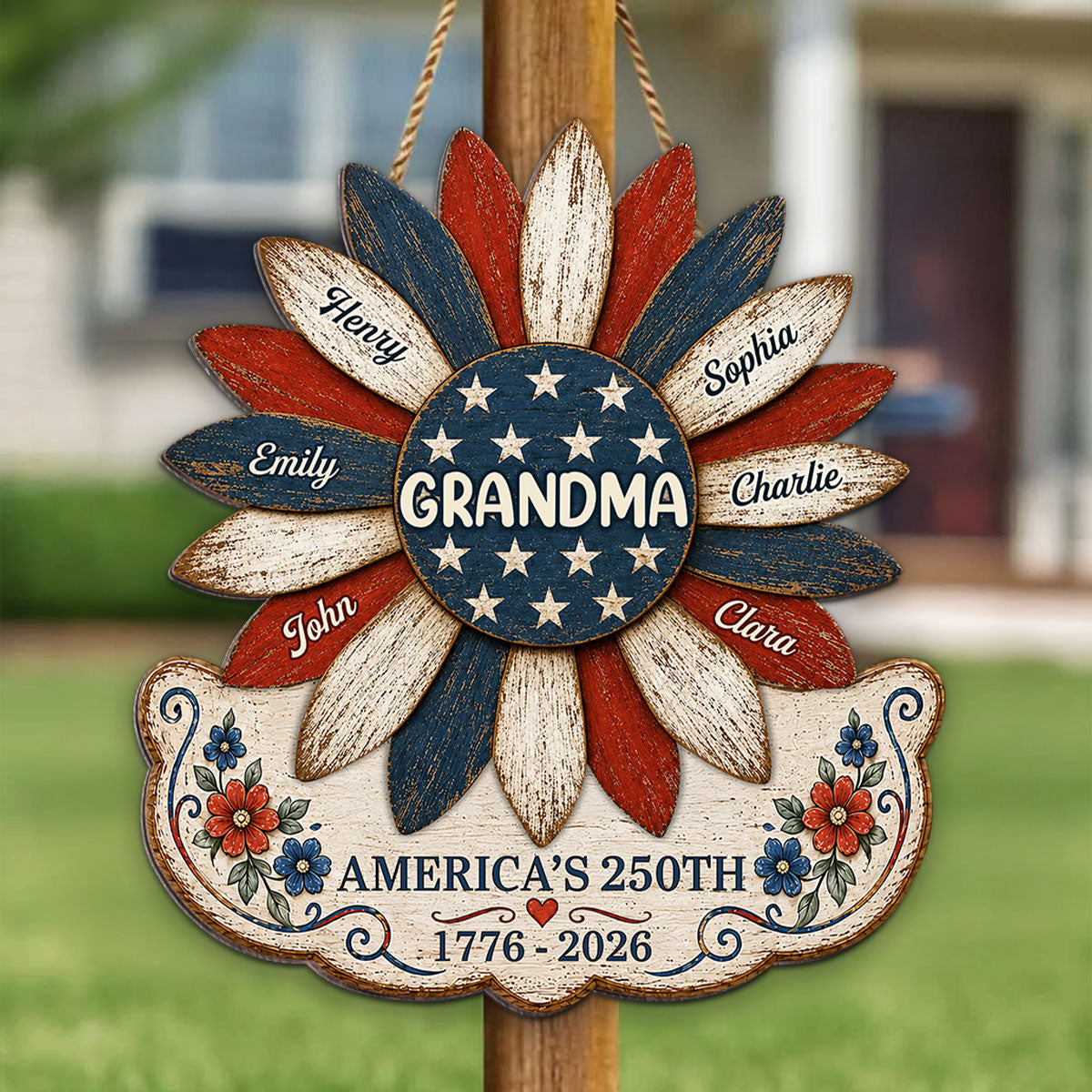 Grandma Nation Flag Sunflower America 250th Anniversary - Personalized Wood Sign - 250 Years Of Freedom, Patriotic Decoration