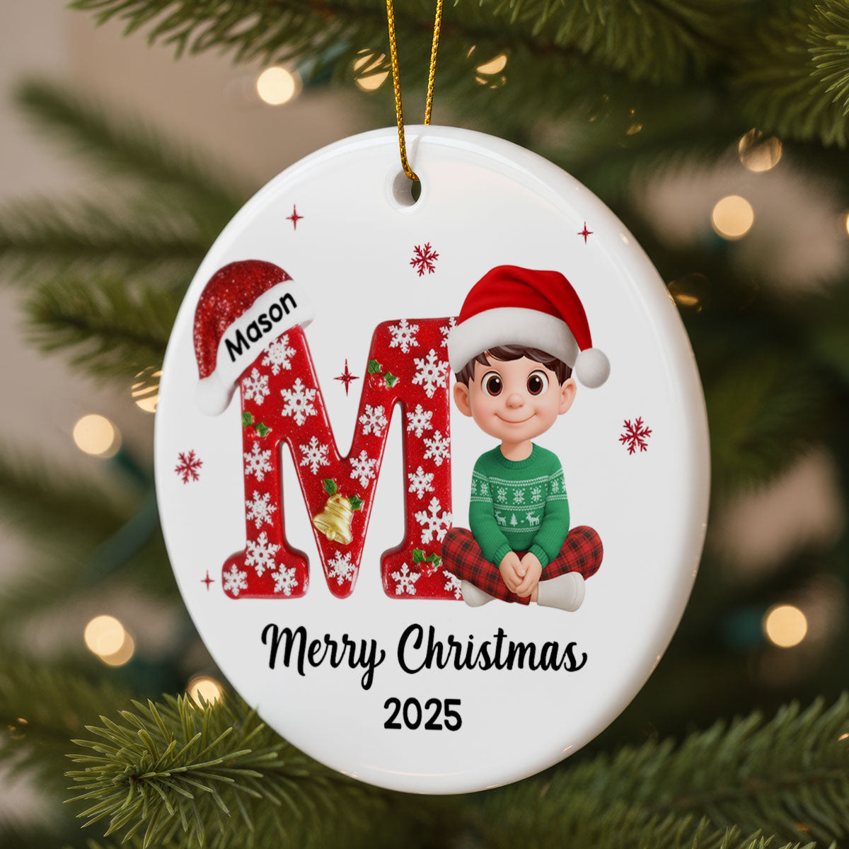 Family Member Christmas Festive Initial Name - Personalized Ceramic Ornament