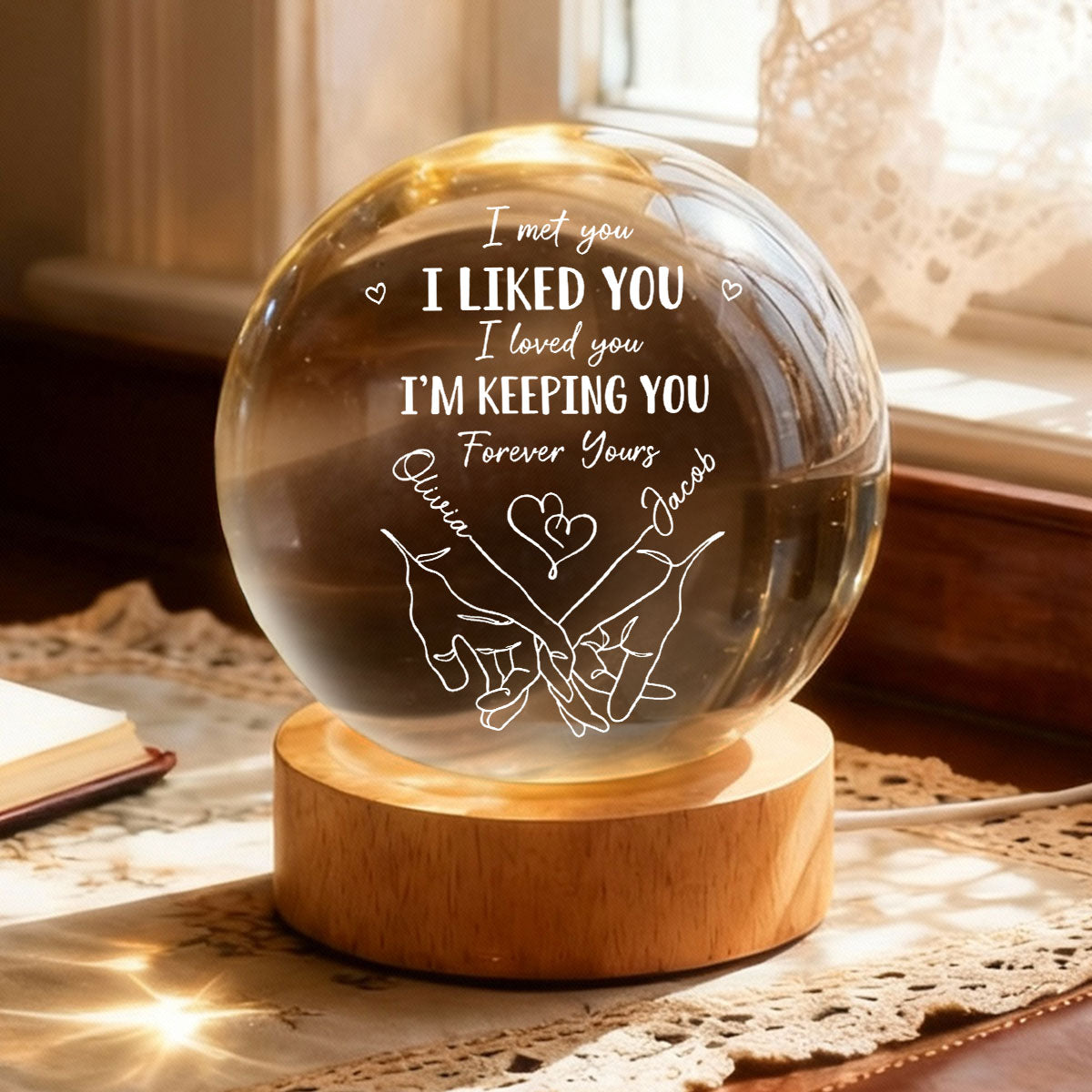 Couple Interlocked Hands I Met You I Loved You - Personalized Crystal Ball LED Night Light - Sentimental Gift for Her, for Him, Couple Keepsake