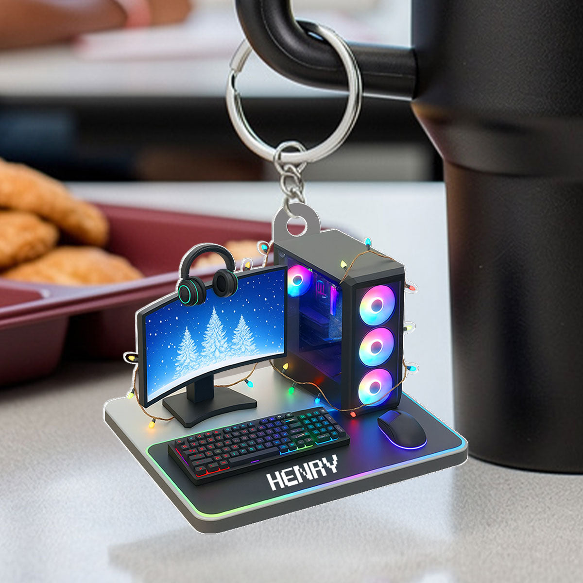 Custom Gamer Name PC Set Up - Personalized Acrylic Keychain - Custom Name Keyrings, Name Tag for Bottles, Backpacks