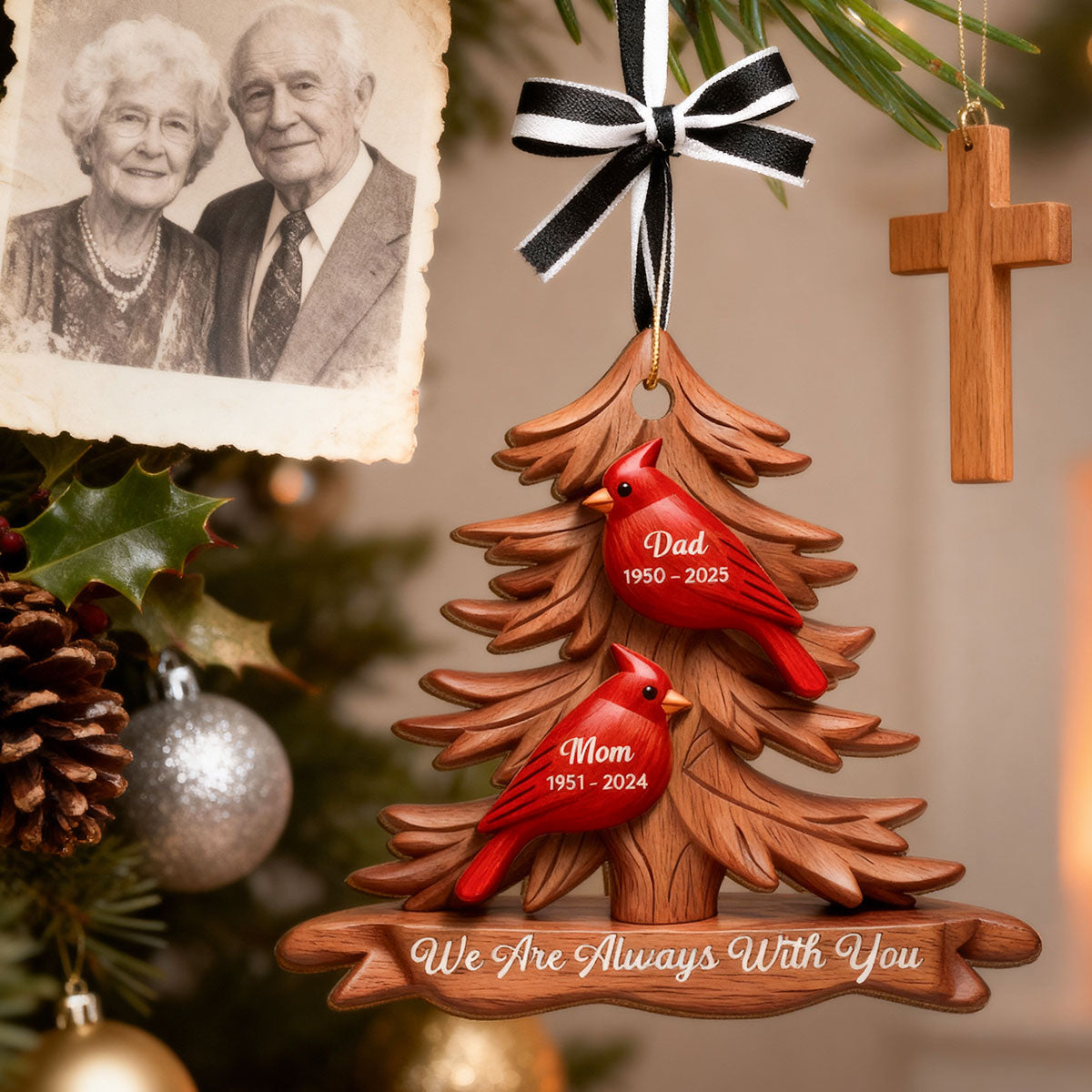 3D Effect Flat Christmas Cardinals Memorial - Personalized Ornament - Remembrance Gift, Sympathy Gift